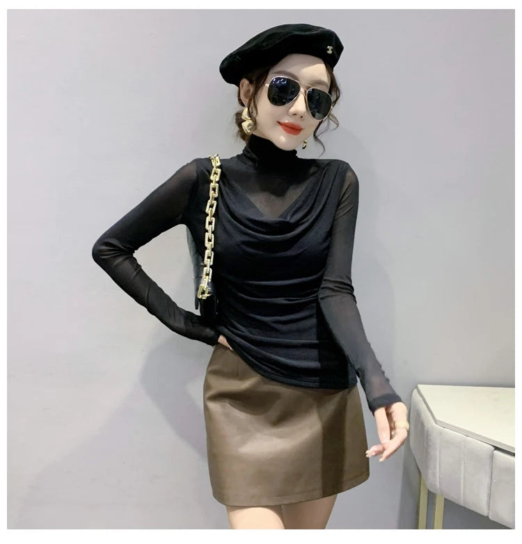 Sexy Mesh Basic T-shirts Women 2025 Fashion Turtleneck Casual Long Sleeve Y2k Tops Korean Clothes Woman Black Winter T Shirt 4XL