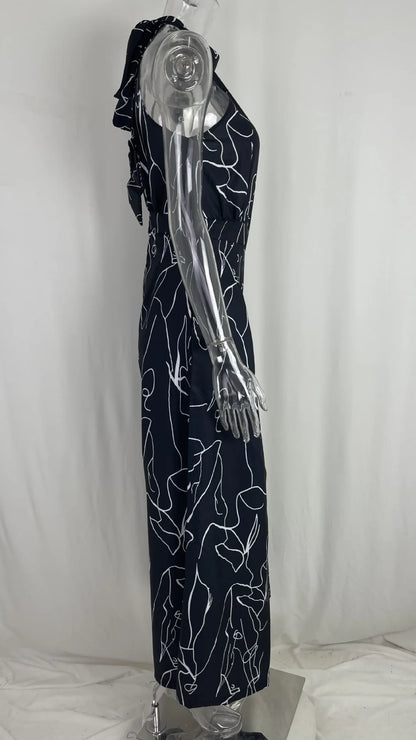 Women's 2025 Off-Shoulder Jumpsuit Flare Wide Leg Romper Artistic Print Lace-up High Waist Vacation Street Style Light Social Badiee Stylez