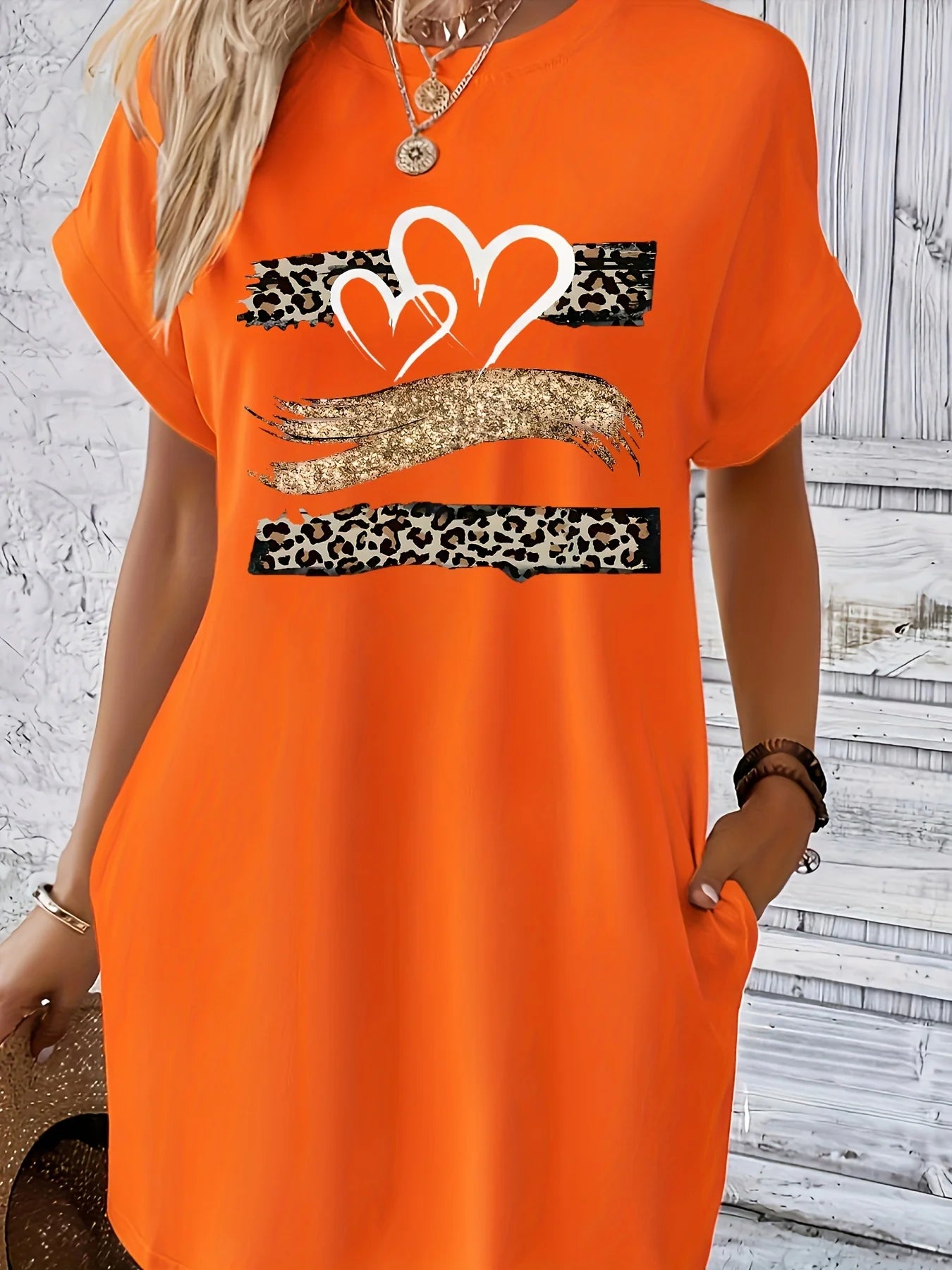 Women'S Casual Knit TShirt Dress with Heart Print Crew Neck Short Sleeve Fashionable Top Black with Colorful Flag Design HL611-JU