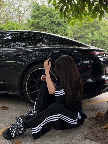 American Street-bombing Leisure Sportswear Suit Female Summer Student Loose Versatile Short-sleeved Trousers Two-piece Suit Tide