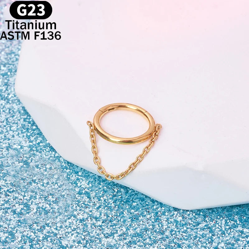 G23 Titanium Piercing Hoop Earring Dangling Chain Segment Ring Septum Clicker Ear Cartilage Helix Tragus Lobe Nose Body Jewelry Gold