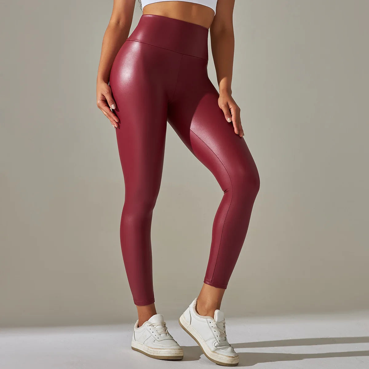 New PU Leather Pants for WOMEN'S Colorful High Waisted Tight Fitting Slimming and Yoga Leggings for External Wear Red