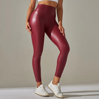 New PU Leather Pants for WOMEN'S Colorful High Waisted Tight Fitting Slimming and Yoga Leggings for External Wear Red