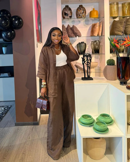 Cotton Linen Set Women Spring Summer Loose Oversize Long Sleeve Shirt Long Pants 2 Piece Sets Casual Office Ladies Trousers Suit