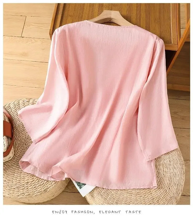 Thin Streetwear Vintage Clothes Ethnic Style Cotton Linen Shirts for Women Clothing Top Tshirt Tees Fashion Casual Embroidery