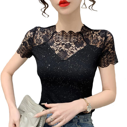 Summer Women Tops Patchwork Bright silk Mesh T shirt Pathcwork Short Sleeve Lace Shirt