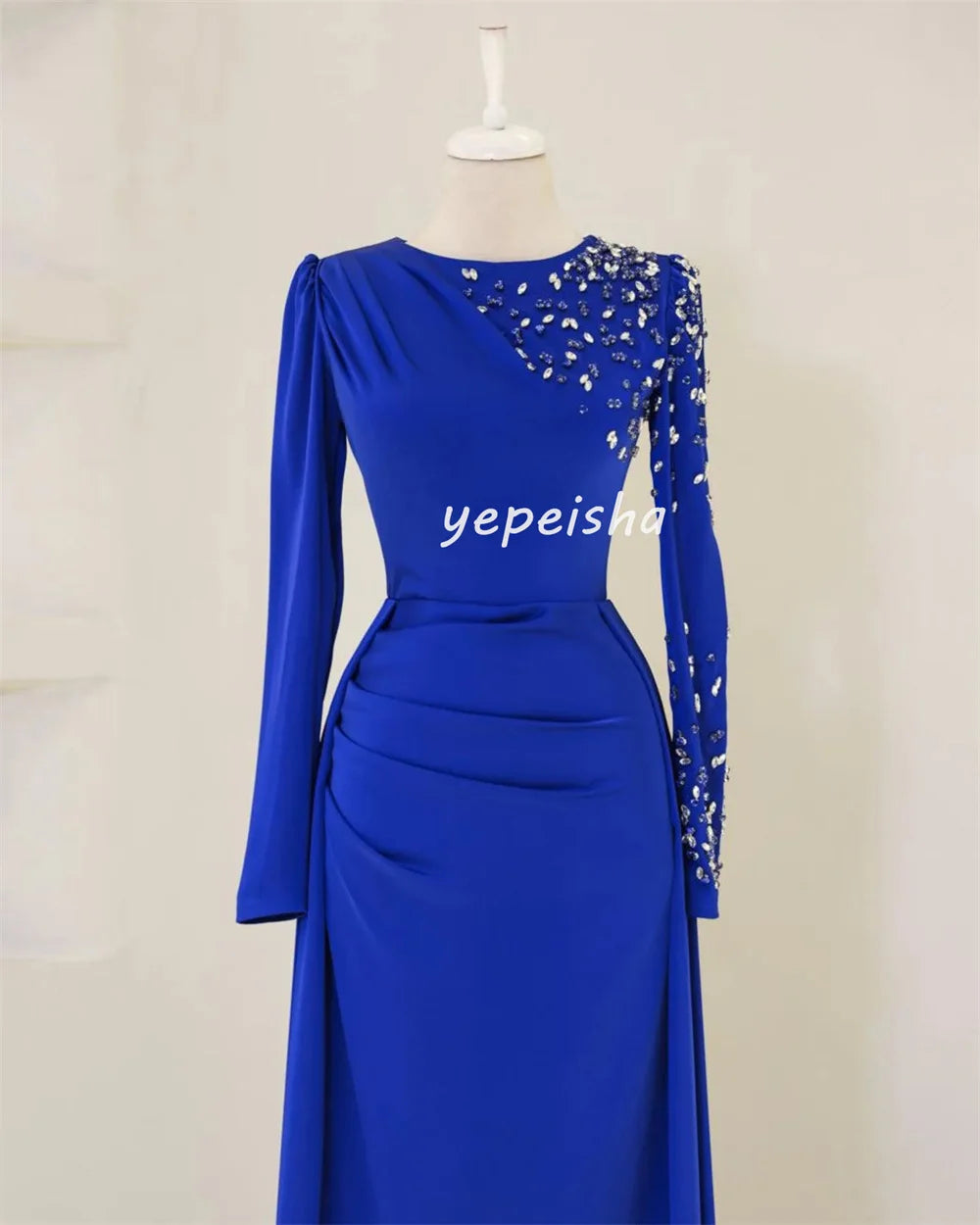 Customized Intricate Unisex Jersey Beading Sequined Draped Straight High Collar Long Dresses Bespoke Occasion Dresses Exquisite Badiee Stylez