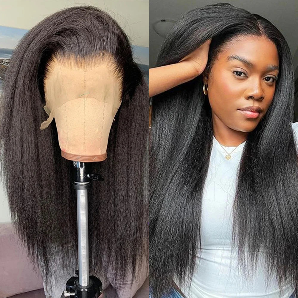 High Density Kinky Straight 360 Lace Front Wigs Human Hair Brazilian 40 Inch Yaki Straight 13x6 HD Lace Frontal Wig Preplucked