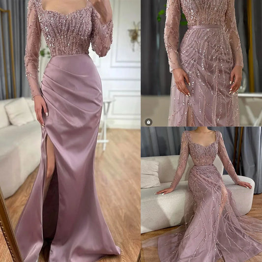 Glamorous Evening Dress Formal Occasion Dress Square Neck Long Sleeves Shining Applicants Sequins Prom Gowns Vestido De Noite Badiee Stylez