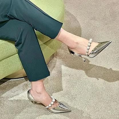 Spring/Summer New Pointed High Heels Hollow Fashion Banquet Pearl Hollow V-Mouth Women's Thin Heels Shallow Mouth Sandals