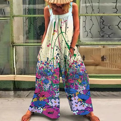 Loose casual lazy wind oversize print suspenders one-piece pants 2024 summer new straps broad leg one-piece pants woman Badiee Stylez