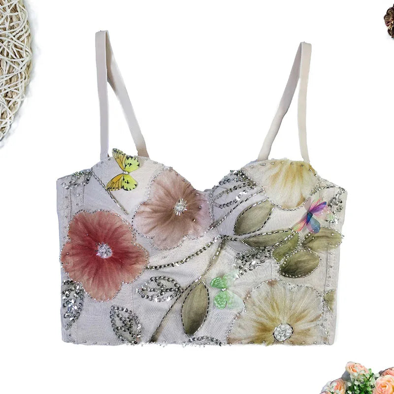 Flower Embroidery Bead Fish Bone Suspender Women Bra Sexy Exposed Waist Metal Buckle Top Party Vacation Female Tops 2025 Summer apricot