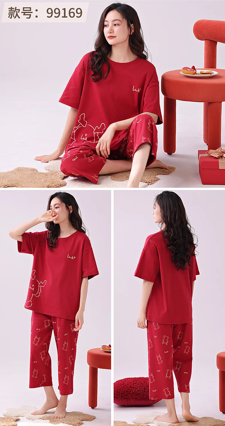 Newest Summer Casual Pajamas Set Women 100% Cotton Sleepwear Female Short Top+Calf-Length Pant Pyjamas