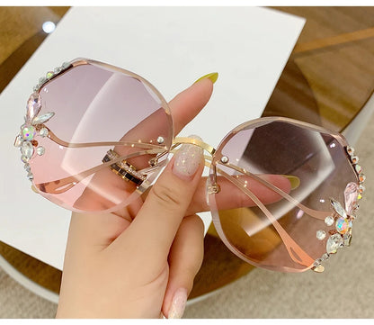 Women's New Diamond-encrusted Sunglasses Rimless Cut Edge Sunglasses Big Face Slimming Sunglasses