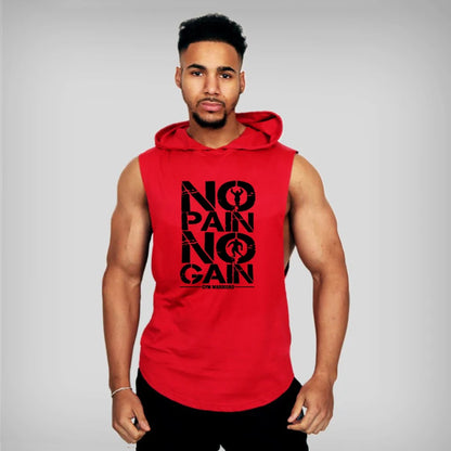 Mens Bodybuilding Sleeveless Hooded Shirts Summer Breathable Loose Cotton Hip Hop Tank Tops Gym Workout Fitness Muscle Hoodie Red