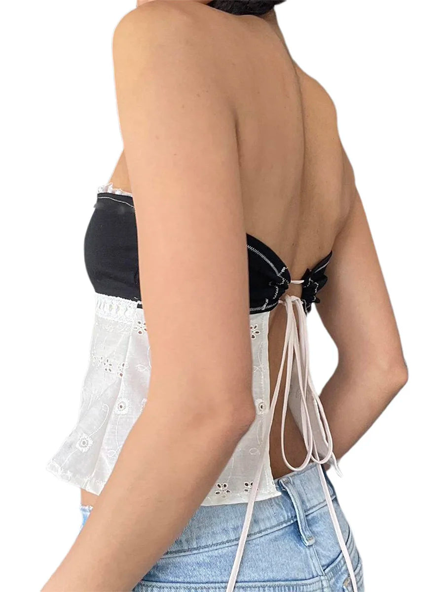 Women's Bandeau Top Kawaii Bow Lace Frill Strapless Tube Tops Summer Sexy Off Shoulder Backless Tie-up Vest Y2k Streetwear