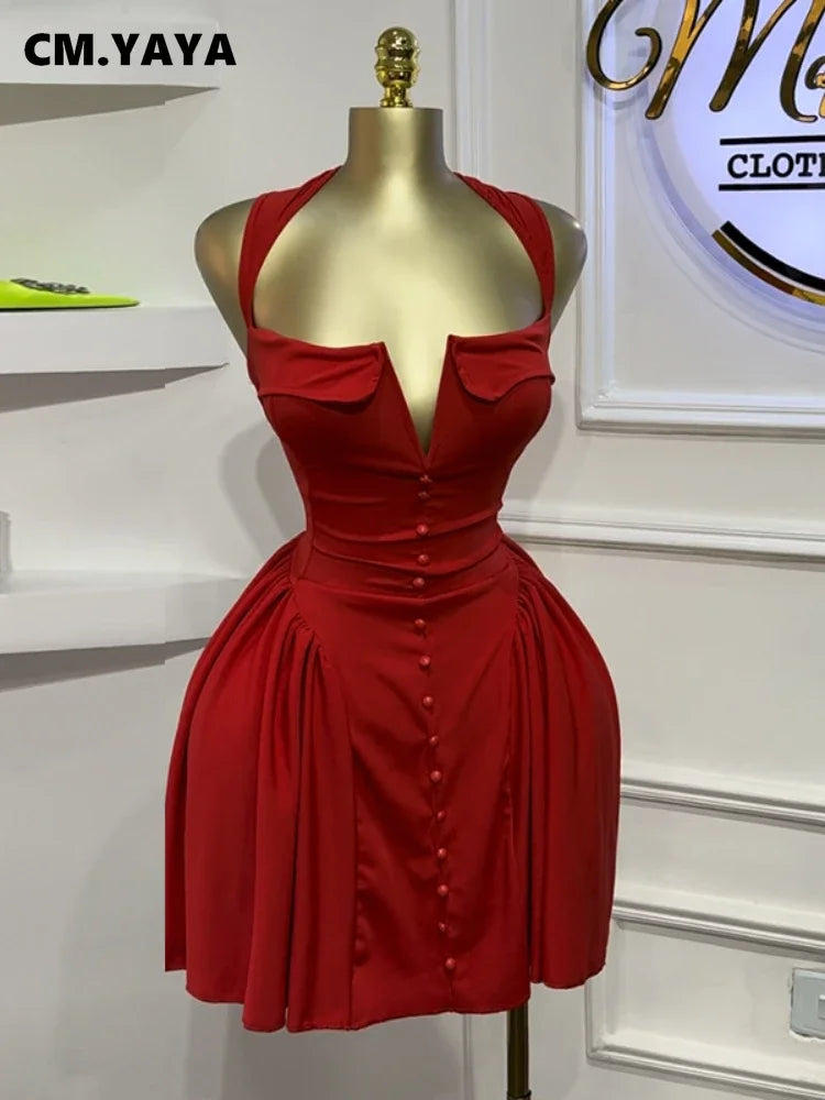 CM.YAYA Women Strapless Sleeveless Pleated Mini Dress 2025 Spring Sweet Sexy Birthday Evening Night Party Vestidos Dresses