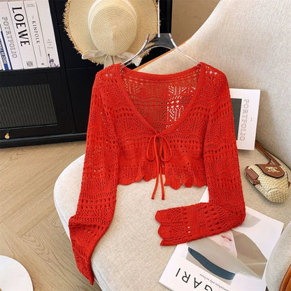 French Mori Girl Style Women's Hollow Out Crochet Sun Protection Commuter Knitted Cardigan Long-sleeved Sweet Short Top Red