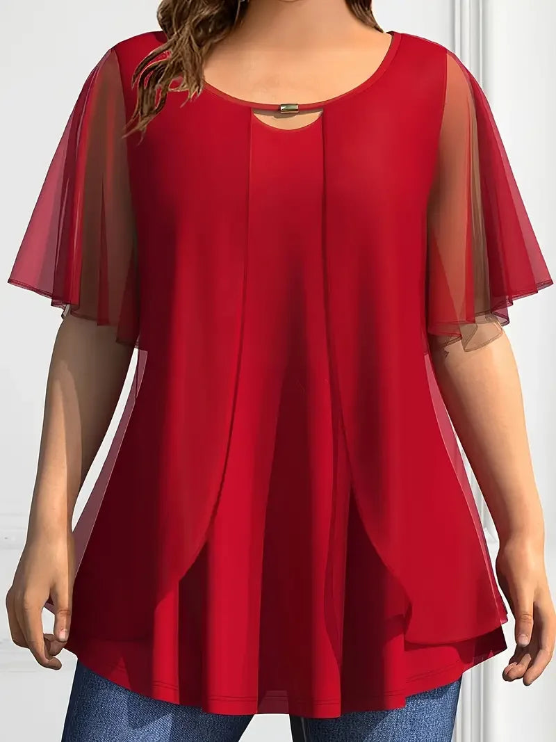 Plus Size Chiffon Blouse Women Top Solid O Neck Loose Pullover Short Sleeve Shirts Blouse Women'S Clothing Casual Summer Top Red