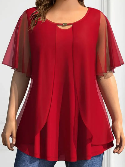 Plus Size Chiffon Blouse Women Top Solid O Neck Loose Pullover Short Sleeve Shirts Blouse Women'S Clothing Casual Summer Top Red