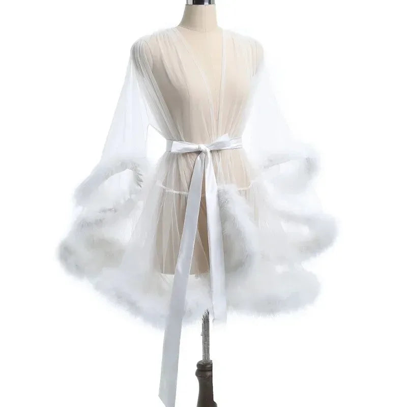Sexy Feather Robe Large Size Seductive Mesh Perspective Sex Fur Bathrobe Passionate Waist Tightening Robe Dressing Gown Bridal