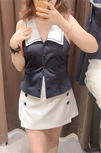 Women's Tops New Summer 2025 Sailor Suit Style Sleeveless Top Sexy Open Back Design Fashionable and Versatile Lively Personality