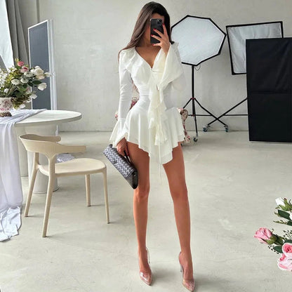 2025 New Autumn Irregular Hem Dress Women Y2K Flare Sleeve V-Neck Bandage Stretch Elegant Birthday Party Chic Hipster Bodycon Badiee Stylez