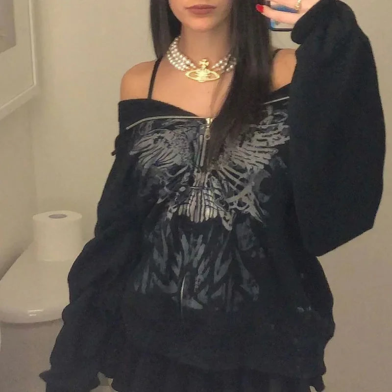 Y2K Gothic Butterfly Print Zip Up Women Hoodies 2025 Winter Grunge Skeleton Sweatshirt Casual Hooded Jacket Streetwear Hoodie