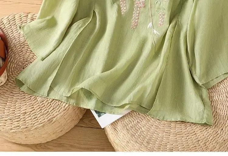 Thin Streetwear Vintage Clothes Ethnic Style Cotton Linen Shirts for Women Clothing Top Tshirt Tees Fashion Casual Embroidery