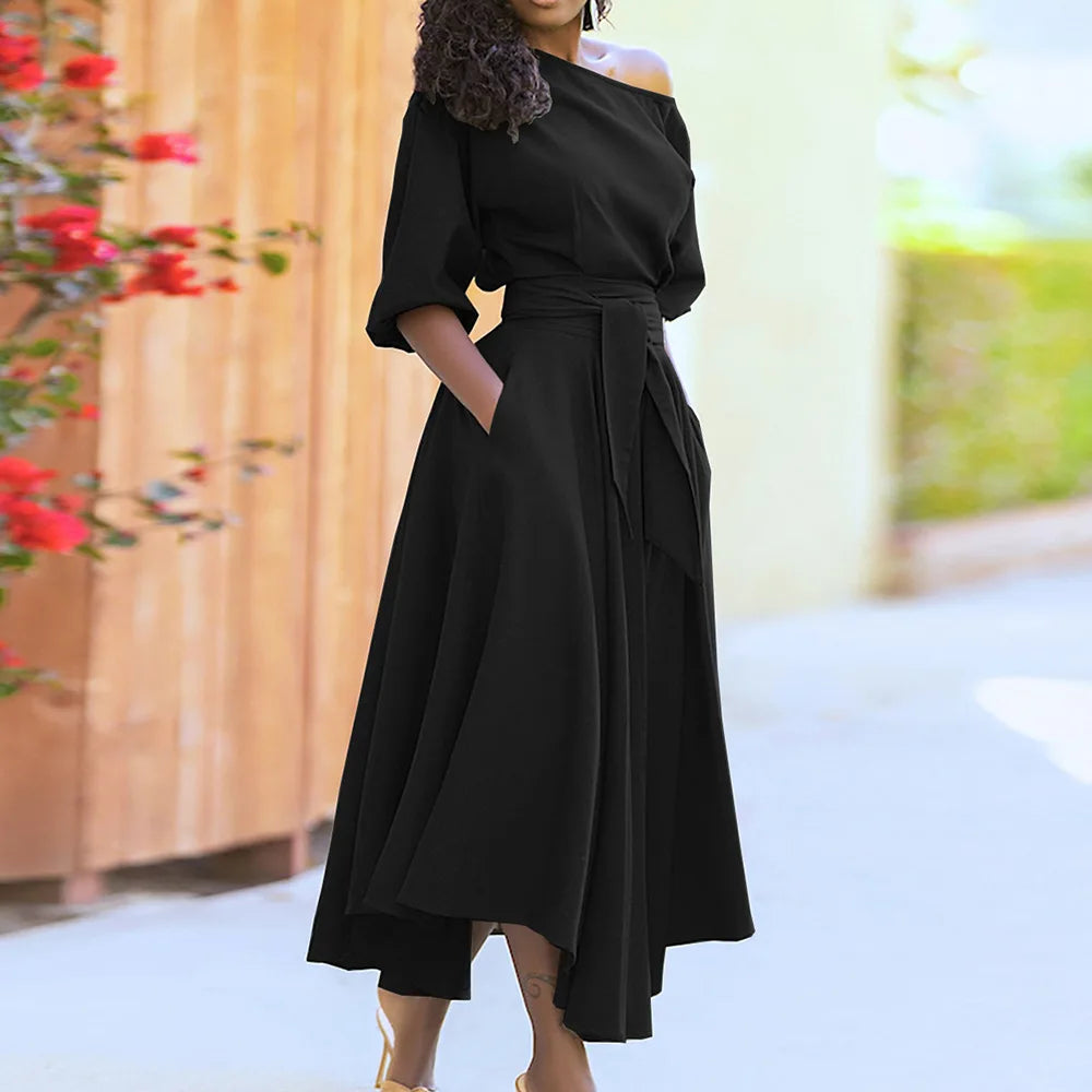 Elegant Women's Spring/Summer Fashion Green Diagonal Neck Middle Sleeve Casual Dress Women's Casual Retro Long Dress s-3XL black