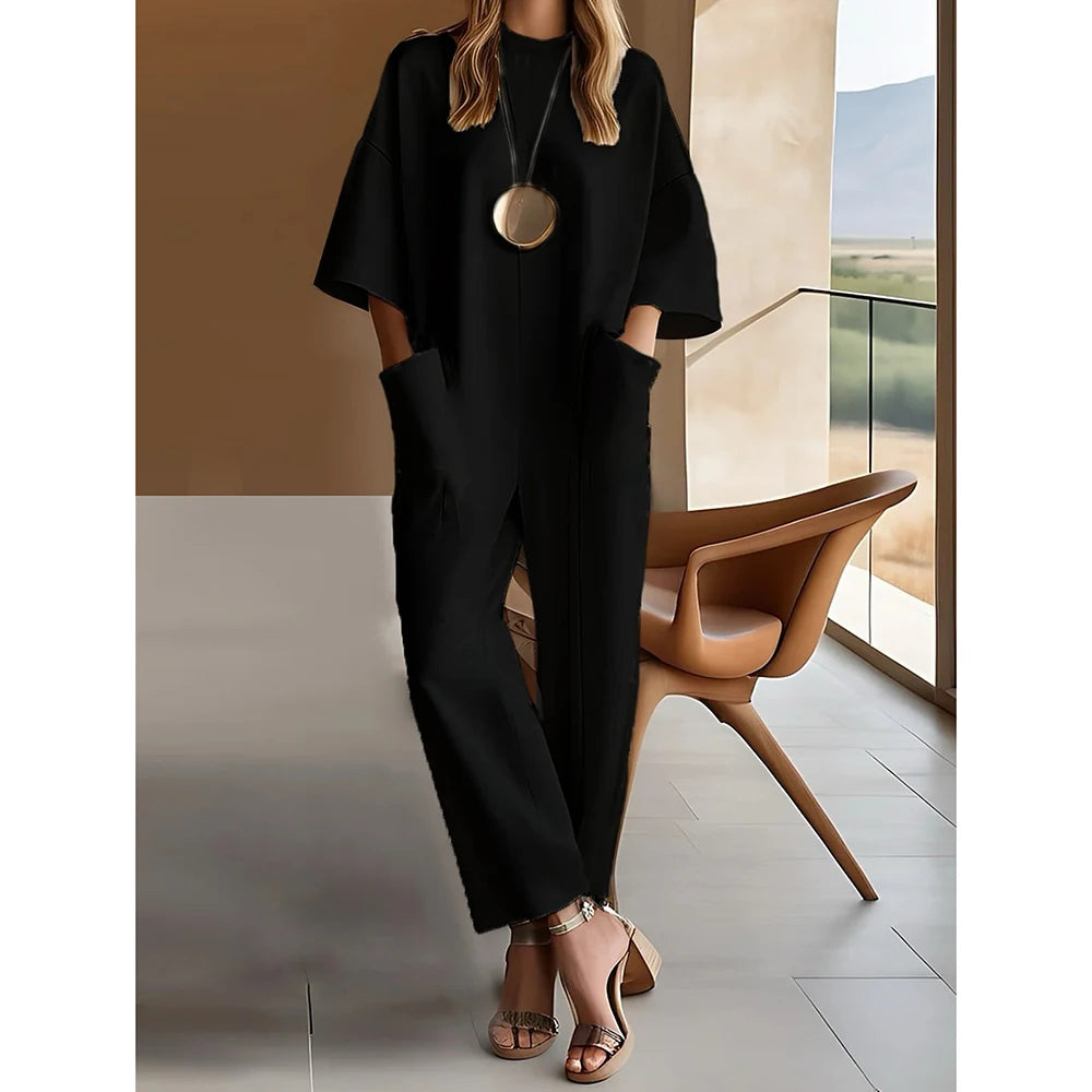 Women’s Loose Jumpsuit Pockets Solid Elegant Straight Long Pants Summer Round Neck 3/4 Sleeves Casual Female Office Lady Rompers Badiee Stylez