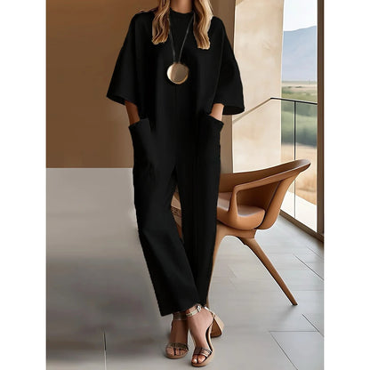 Women’s Loose Jumpsuit Pockets Solid Elegant Straight Long Pants Summer Round Neck 3/4 Sleeves Casual Female Office Lady Rompers Badiee Stylez