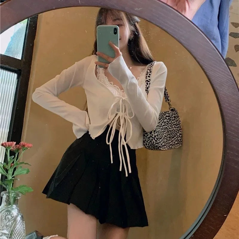 Casual Knitted Cardigan Women Fashion Thin Sunscreen Lace-Up Knitwear Tops Y2k Girls Korean Style Flare Sleeve Cropped Coat