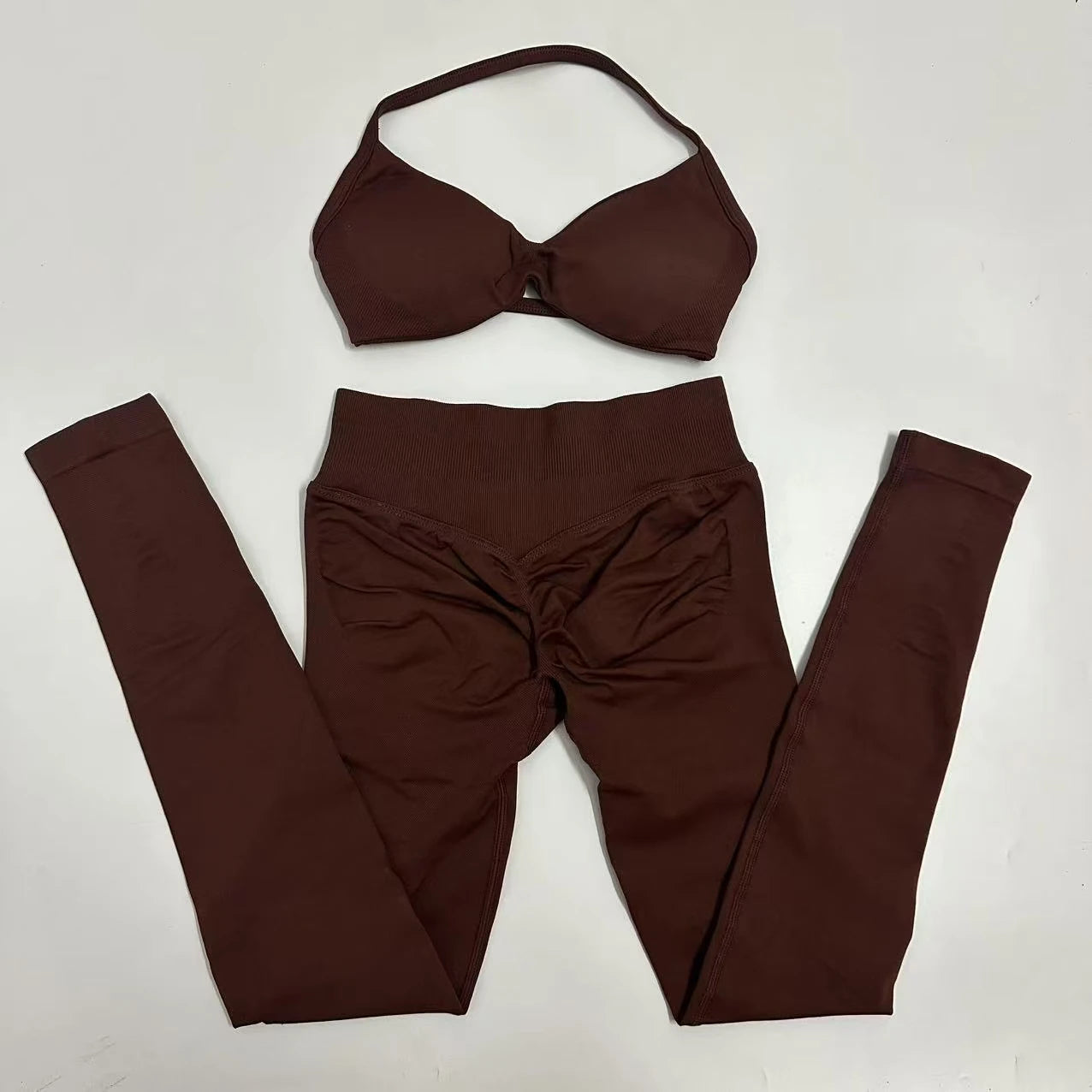 No Logo Seamless Yoga Set Women Workout Scrunch Leggings Set Strappy Halter Sports Bra Fitness Gym Clothing Workout Set 2 Pieces Badiee Stylez