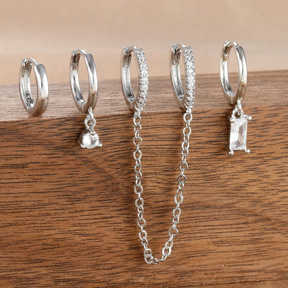 4PCS Exquisite Stainless Steel Long Chain Pendant Earrings Set for Woman Little Huggies Hoop Earrings Cartilage Piercing Jewelry silver-white-4pcs