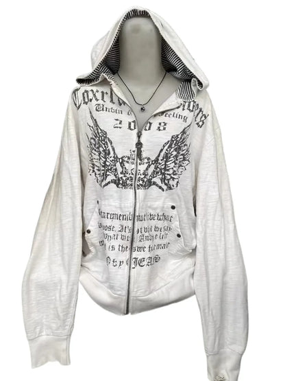 American Retro Printed Zipper Sweatshirt Women's Y2K New Harajuku Hip Hop Goth Casual Joker Long Sleeve Zipper Hoodie Streetwear