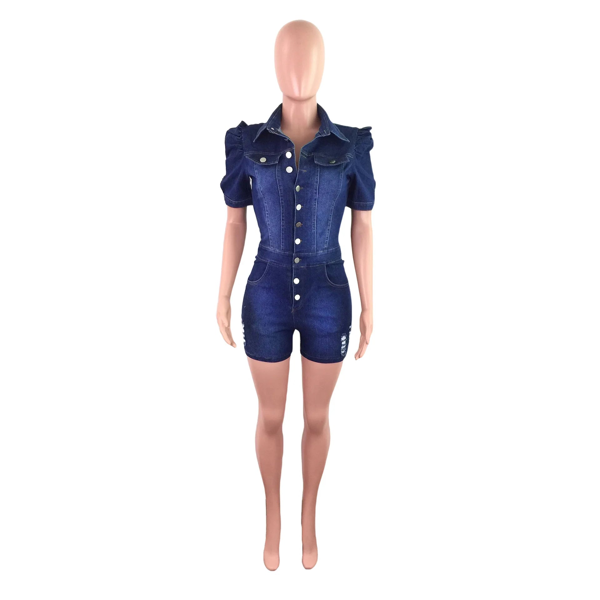 Bleached Denim Rompers Women Jean Overalls Washed Vintage One Piece Single Breasted Shorts Jeans Skinny Solid Distressed