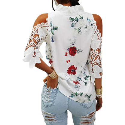 Summer Female Strapless Tops Casual Sexy Hollow Flower Printed Women Blouse Elegant V-Neck Short Sleeve Lace Shirt Blusas 19361