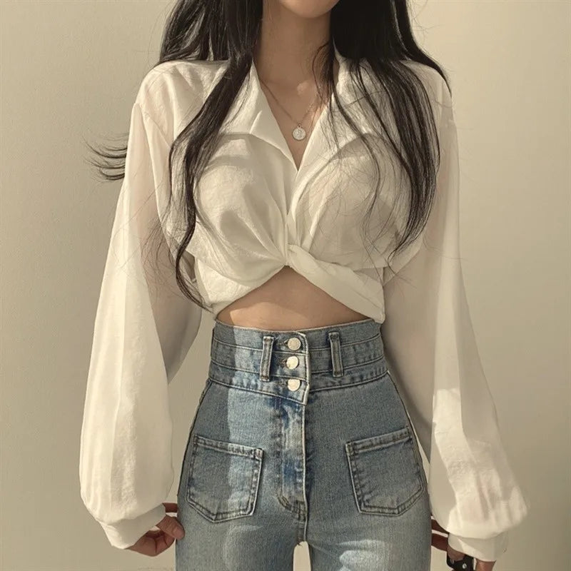 Vintage Streetwear Harajuku Sexy Women Blouse Crop Top Korean Style Trends Black White Long Sleeve Shirt Female Tunic Chic WHITE