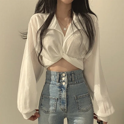 Vintage Streetwear Harajuku Sexy Women Blouse Crop Top Korean Style Trends Black White Long Sleeve Shirt Female Tunic Chic WHITE