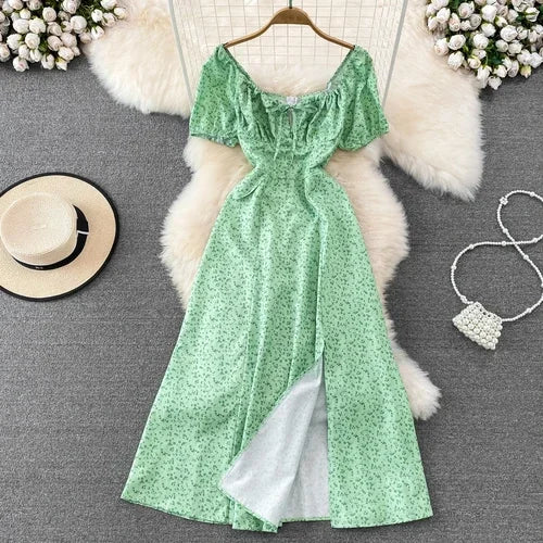 Summer Vintage Dress Blue Floral Summer Bubble Sleeve Tie Up Sexy Dresses Women A-line Print Split Long Dress Elegant Vestidos green