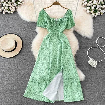 Summer Vintage Dress Blue Floral Summer Bubble Sleeve Tie Up Sexy Dresses Women A-line Print Split Long Dress Elegant Vestidos green