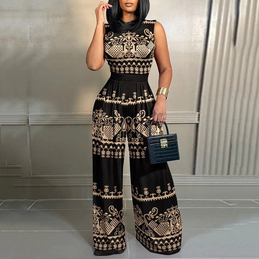 Elegant Women Wide Leg Long Juumpsuit 2024 Spring Summer Fashion Printed Sleeveless Casual Holiday Bodysuits Jumpsuits Trousers Black and yellow