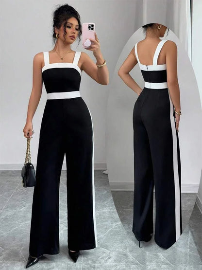 Women's Casual Black Jumpsuit White Contrast Trim Square Neck Great for City Nights Social Gatherings Fashionable Wear Badiee Stylez