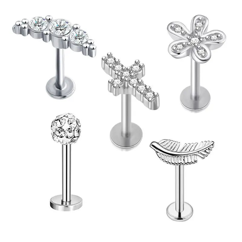 5PCS Flower Tragus Piercing Set Flat Back Cz Cartilage Stud Earring Helix Jewelry Conch Rook Stud Lot Labret Lip Piercing Bulk 5PCS Set7