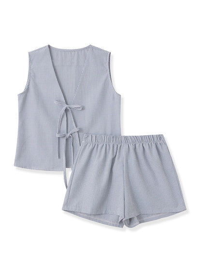 Women 2-Piece Shorts Set Plaid Print Lacing V-Neck Sleeveless Tank Tops Elastic Waistband Shorts Loungewear Outfits