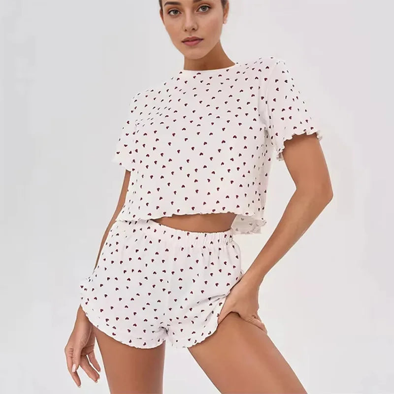 Womens Cute Heart Print Pajama Set Two Piece Short Sleeve Crop Top Ruffle Shorts Sleepwear Loungewear Casual Summer Nightwear ﻿