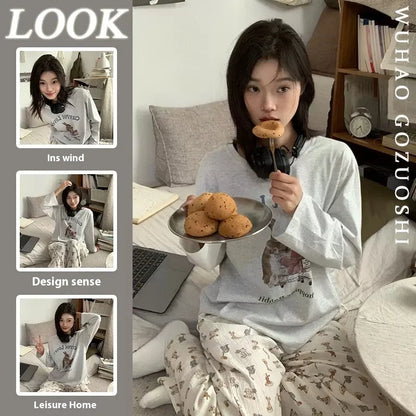 Spring and Autumn New Ladies Ins Style Pajamas Homewear Set Cartoon Girl Long-Sleeved Long Pants Korean Pajamas Homewear Set