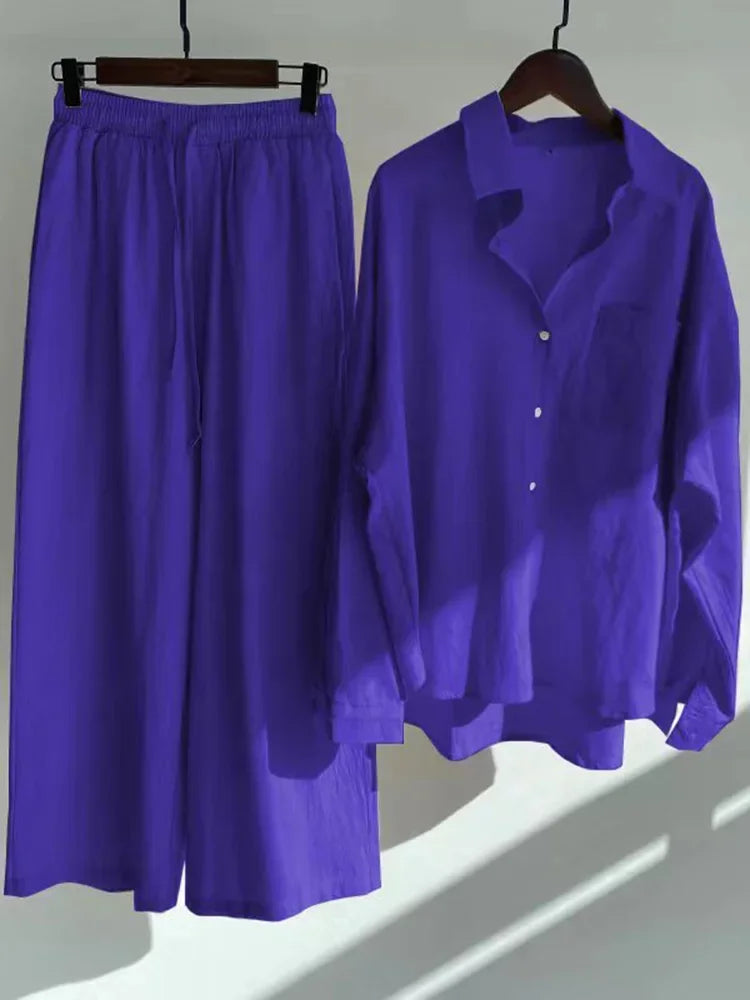 Pants Set Women Shirts Wide Leg Elastic Waist Cotton Linen Casual Sets Elegant Loose Long Sleeve Lapel Spring Shirt Y2k Suit Navy Set