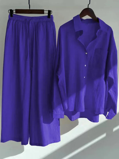 Pants Set Women Shirts Wide Leg Elastic Waist Cotton Linen Casual Sets Elegant Loose Long Sleeve Lapel Spring Shirt Y2k Suit Navy Set